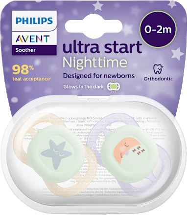 Fopspeen ultra start Nighttime, paars/crème, 0-2 maanden, 2 stuks