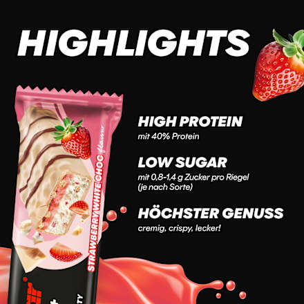 Proteinriegel, 40% Protein+, Strawberry White Choc Geschmack, 40 g