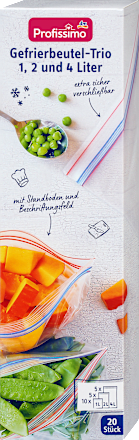Diepvrieszakken trio 1, 2 &amp; 4 l met dubbele sluiting, 20 stuks