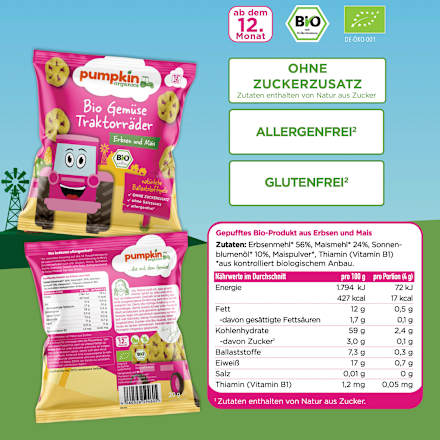 Kindersnack Gemüse Traktorräder Erbsen & Mais, ab 12. Monaten, 20 g