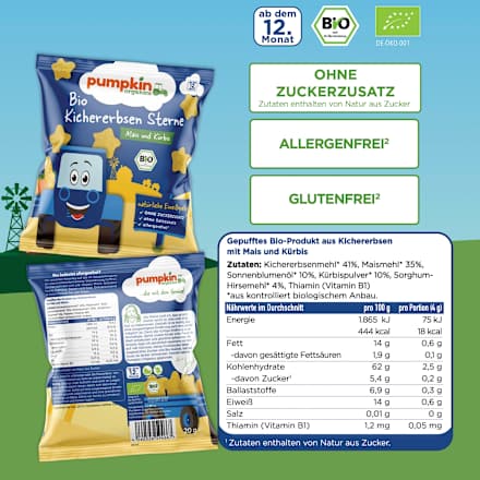 Kindersnack Kichererbsen Sterne mit Mais & Kürbis, ab 12 Monaten, 20 g