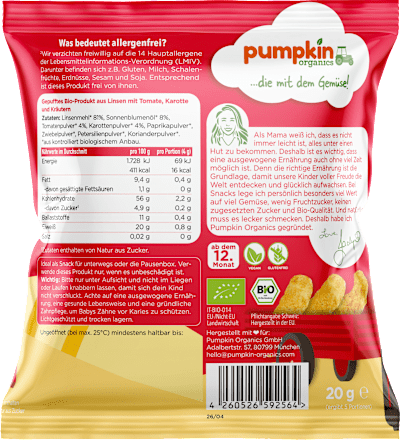 Kindersnack Linsen Puffs mit Tomate, Karotte & Kräutern ab 1 Jahr, 20 g