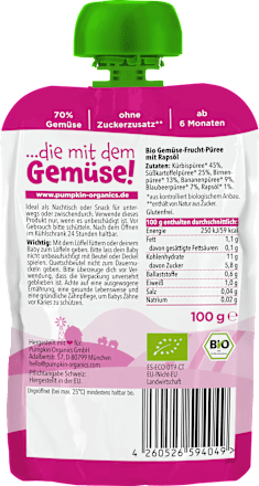 Quetschie Kürbis, Süßkartoffel, Birne, Banane & Blaubeere, ab 6 Monaten, 100 g