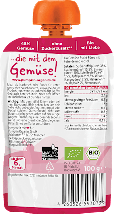 Quetschie mit Süßkartoffel, Blaubeere, Birne, Rote Beete & Hafer, ab dem 6. Monat, 100 g