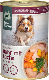 Nassfutter Hund mit Huhn, Lachs, Rind & Kürbis, 400 g