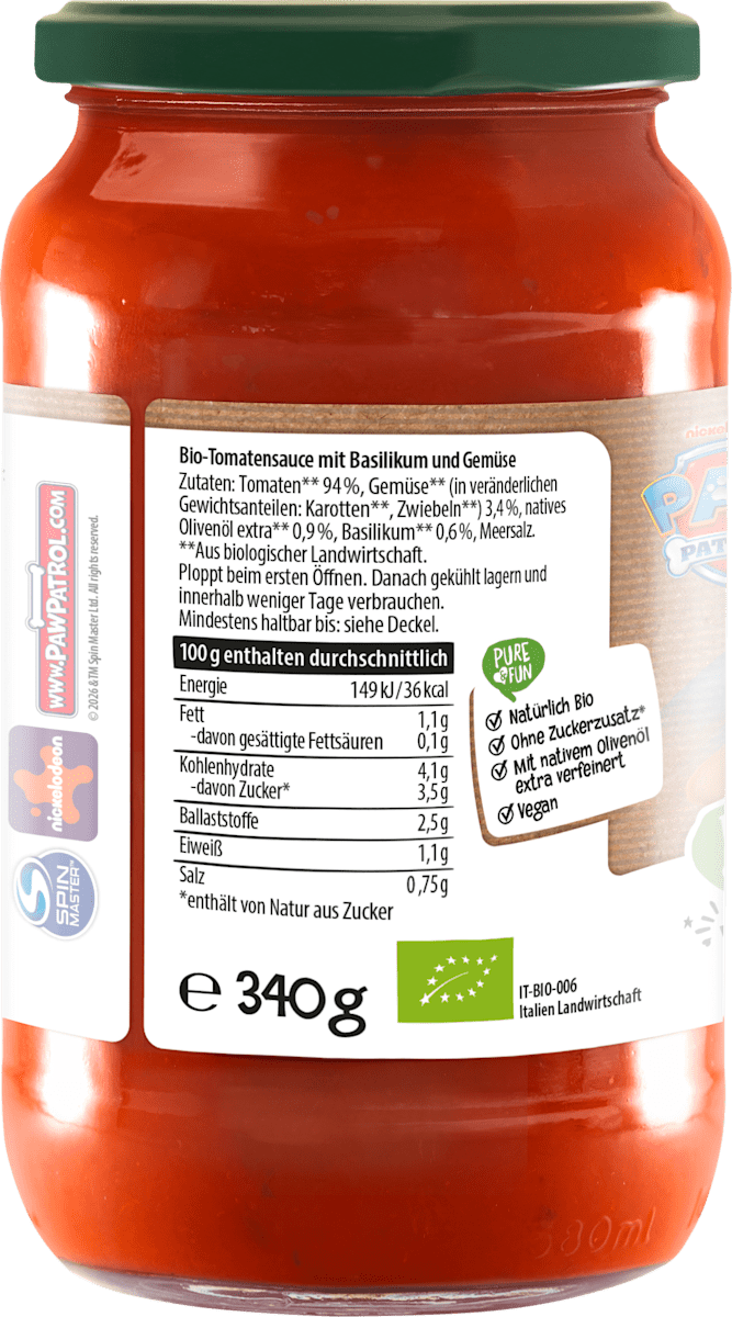 PURE & FUN Sauce PAW Patrol Helden Tomate, Gemüse & Basilikum ab 3 Jahren, 340 g