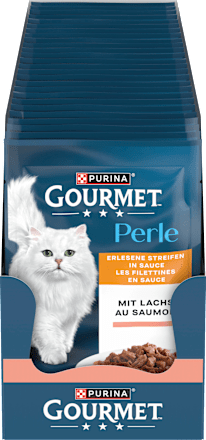 Nassfutter Katze mit Lachs, Perle - erlesene Streifen in Sauce, 85 g