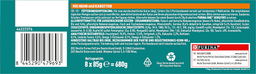 Natvoer voor katten Sensitive met kip en wortelen, multipack (8 x 85 g), 680 g