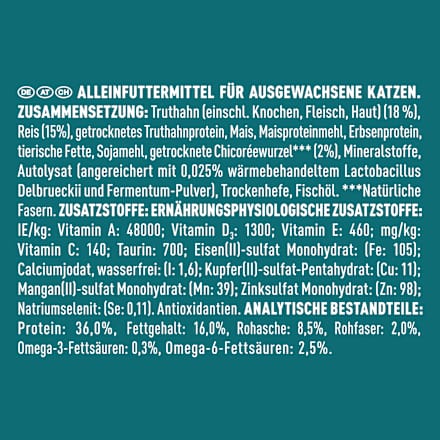 Trockenfutter Katze sensitive mit Truthahn & Reis, Adult, 900 g