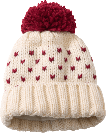 Mütze aus Strick mit Bommel, beige & rot, Gr. 54/55, 1 St