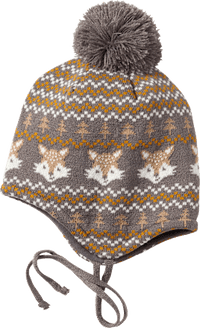 Mütze aus Strick mit Fuchs-Muster, grau & gelb, Gr. 48/49, 1 St