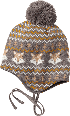 Mütze aus Strick mit Fuchs-Muster, grau & gelb, Gr. 50/51, 1 St