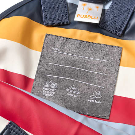 Regenbroek met voering en strepenpatroon, rood, blauw en geel, maat 98/104, 1 stuk