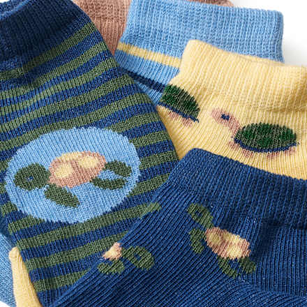 Sneaker Socken mit Schildkröten-Motiv, braun + blau + gelb, Gr. 23/26, 5 St