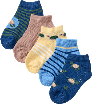 Sneaker Socken mit Schildkröten-Motiv, braun + blau + gelb, Gr. 23/26, 5 St
