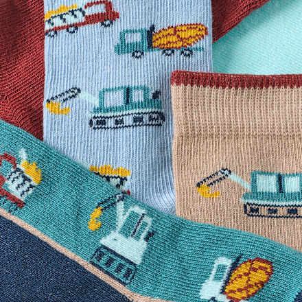 Socken mit Bagger-Muster, blau + rot + braun, Gr. 19/22, 5 St