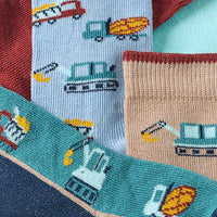 Socken mit Bagger-Muster, blau + rot + braun, Gr. 19/22, 5 St