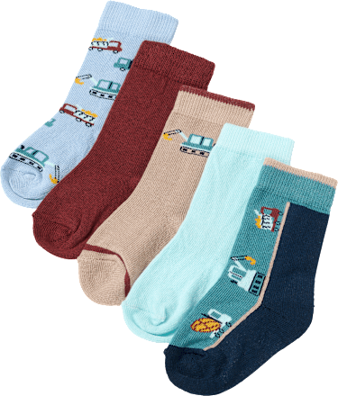 Socken mit Bagger-Muster, blau + rot + braun, Gr. 19/22, 5 St