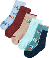 Socken mit Bagger-Muster, blau + rot + braun, Gr. 19/22, 5 St