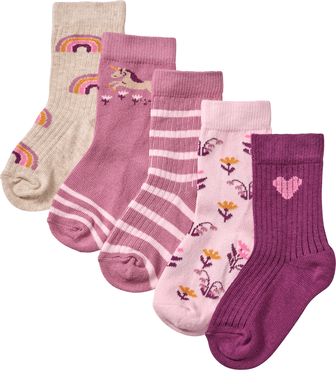 PUSBLU Socken mit Blumen- & Einhorn-Muster, lila + rosa, Gr. 23/26, 5 St