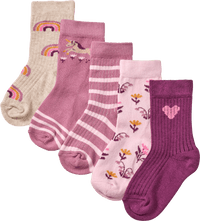 PUSBLU Socken mit Blumen- & Einhorn-Muster, lila + rosa, Gr. 23/26, 5 St