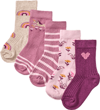 Socken mit Blumen- & Einhorn-Muster, lila + rosa, Gr. 27/29, 5 St