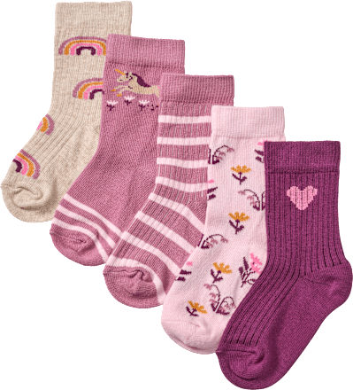 Socken mit Blumen- & Einhorn-Muster, lila + rosa, Gr. 27/29, 5 St