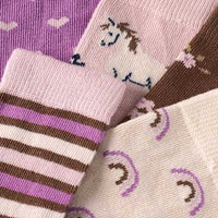 Socken mit Blumen- & Streifen-Muster, lila + braun + beige, Gr. 19/22, 5 St