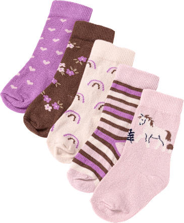 Socken mit Blumen- & Streifen-Muster, lila + braun + beige, Gr. 19/22, 5 St