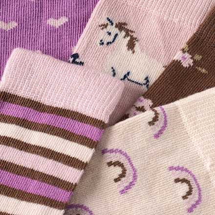 Socken mit Blumen- & Streifen-Muster, lila + braun + beige, Gr. 19/22, 5 St
