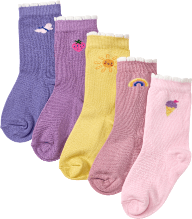 Socken mit Motiven, rosa + lila + gelb, Gr. 23/26, 5 St