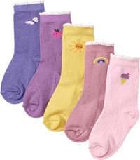 Socken mit Motiven, rosa + lila + gelb, Gr. 23/26, 5 St