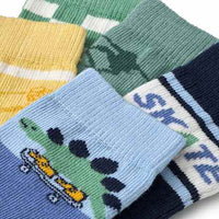 Socken mit Skate-Motiven, grün + blau + gelb, Gr. 27/29, 5 St