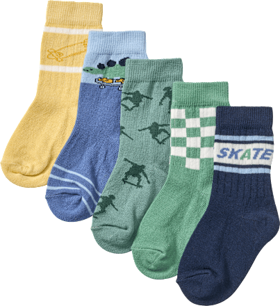 Socken mit Skate-Motiven, grün + blau + gelb, Gr. 27/29, 5 St