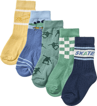 Socken mit Skate-Motiven, grün + blau + gelb, Gr. 27/29, 5 St
