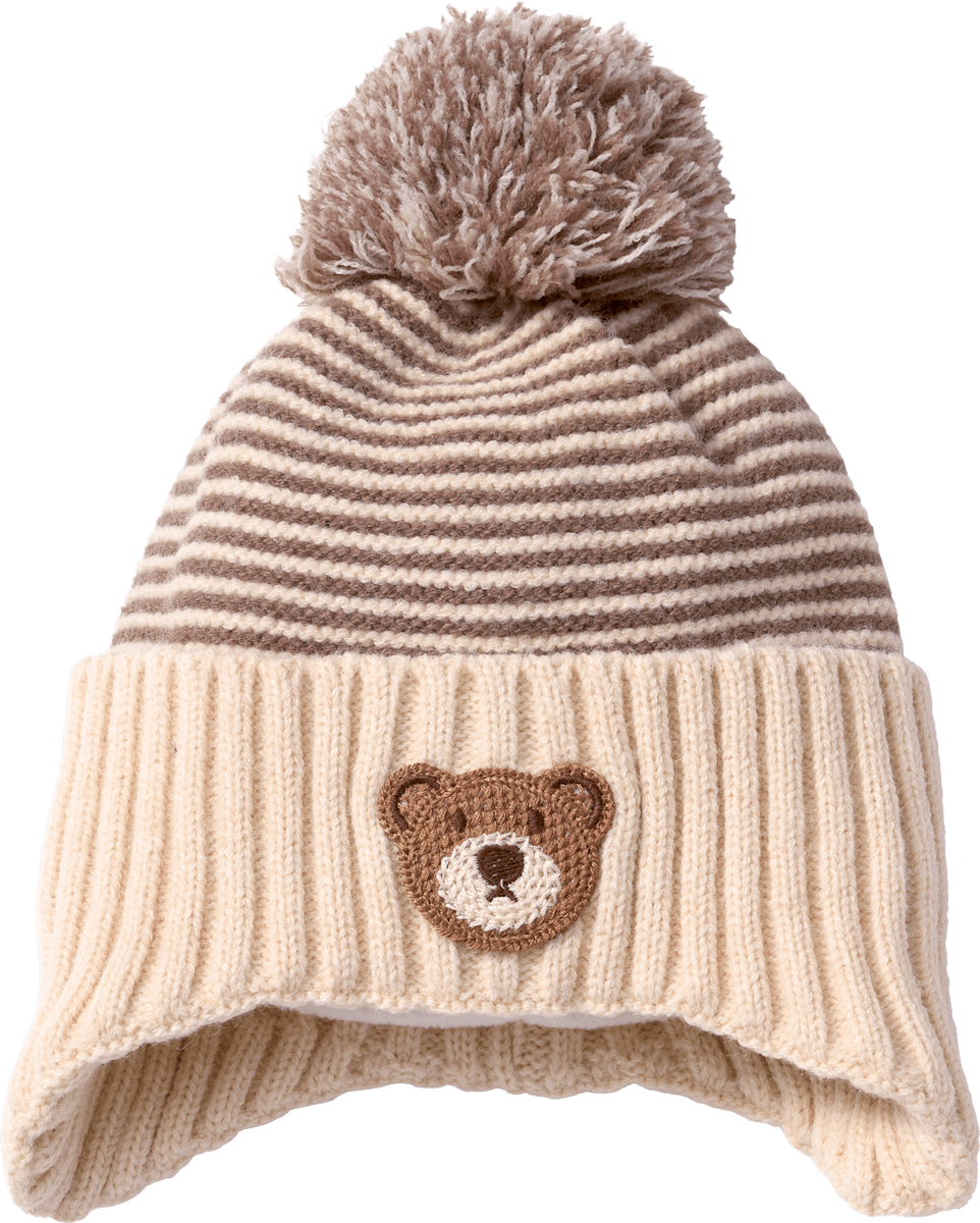 PUSBLU Strickmütze mit Bären-Applikation, beige, Gr. 48/49