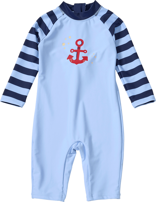 PUSBLU Combinaison de bain anti-UV à motif de rayures & motif d'ancre, bleu, T. 98/104, 1 pce