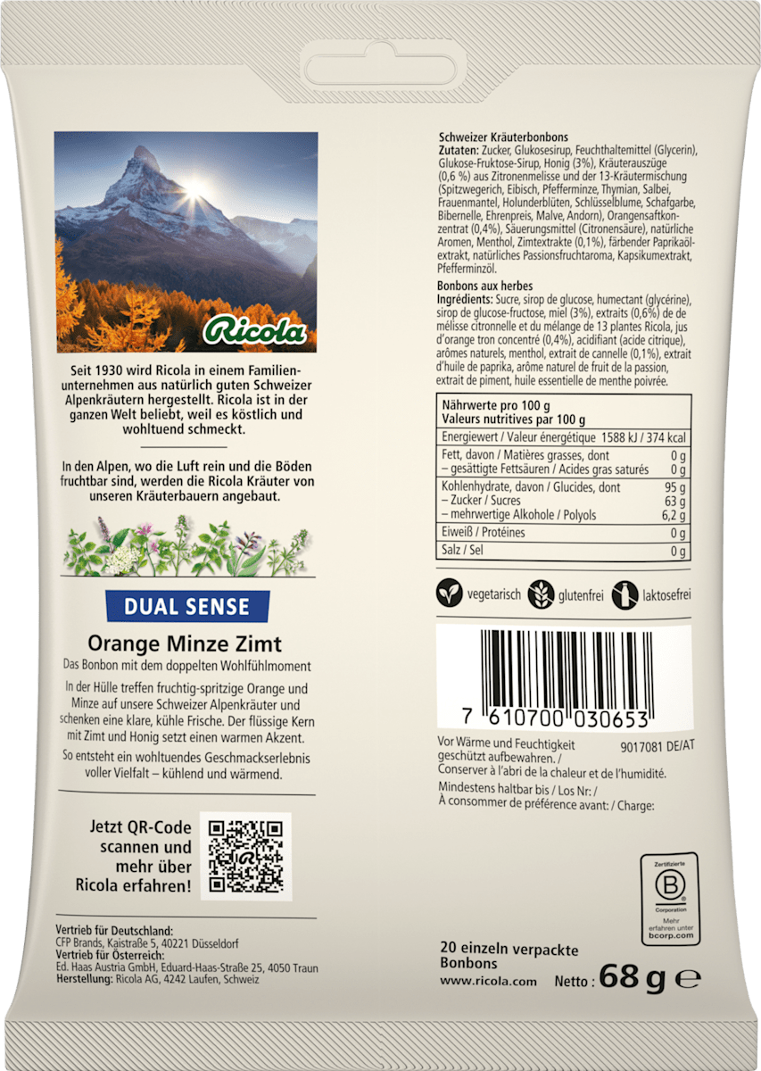 Ricola Bonbon, Dual Sense Orange Minze Zimt, 68 g