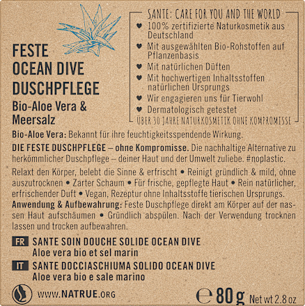Festes Duschgel Ocean Dive Bio-Aloe Vera & Meersalz, 80 g SANTE NATURKOSMETIK