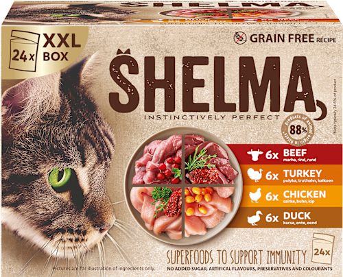Nassfutter Katze mit Rind, Truthahn, Huhn & Ente, Multipack (24x85 g), 2,04 kg Shelma