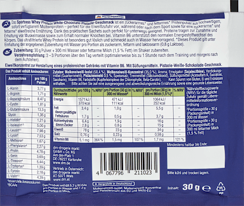 Wei-eiwitpoeder, witte chocolade pistache smaak, 30 g