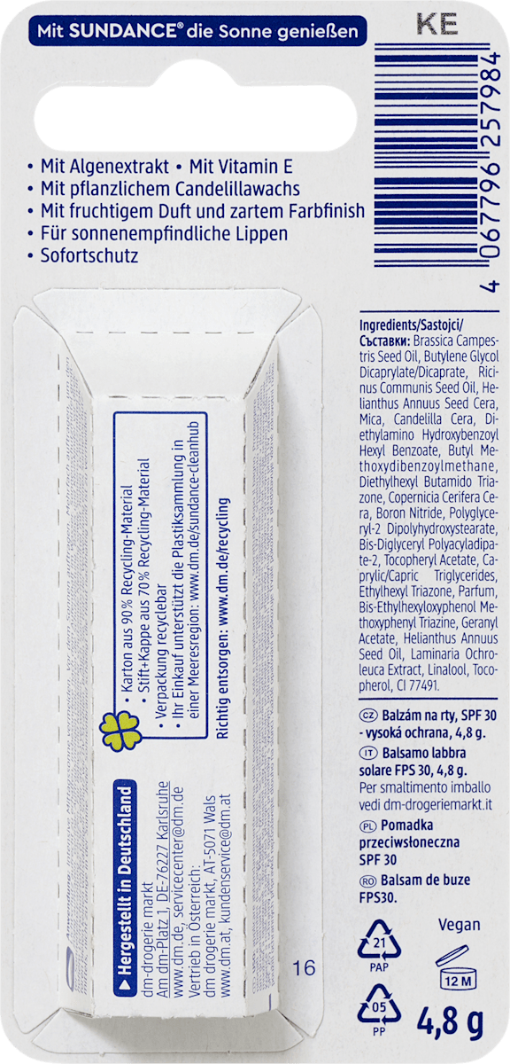 SUNDANCE Lippenpflegestift LSF 30, 4,8 g