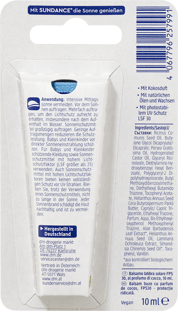 SUNDANCE Lippenpflegetube mit Kokos-Duft, LSF 30, 10 ml