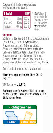 Eisen + Folsäure + Vitamin C direkt Granulat (20 Stück), 22 g