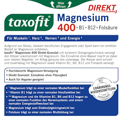 Magnesium 400 + B1 + B6 + B12 + Foliumzuur 800 Direct Granulaat 20 stuks, 40 g