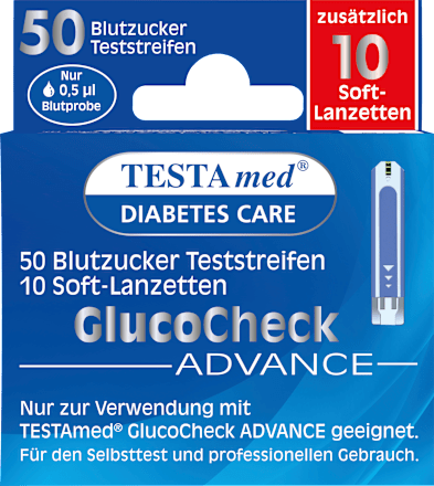 Glucocheck ADVANCE Kombipackung 50 Blutzucker-Teststreifen + 10 Lanzetten, 50 St