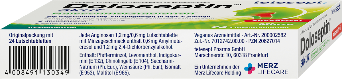 tetesept Doloseptin akut Halsschmerztabletten Minze, 24 St