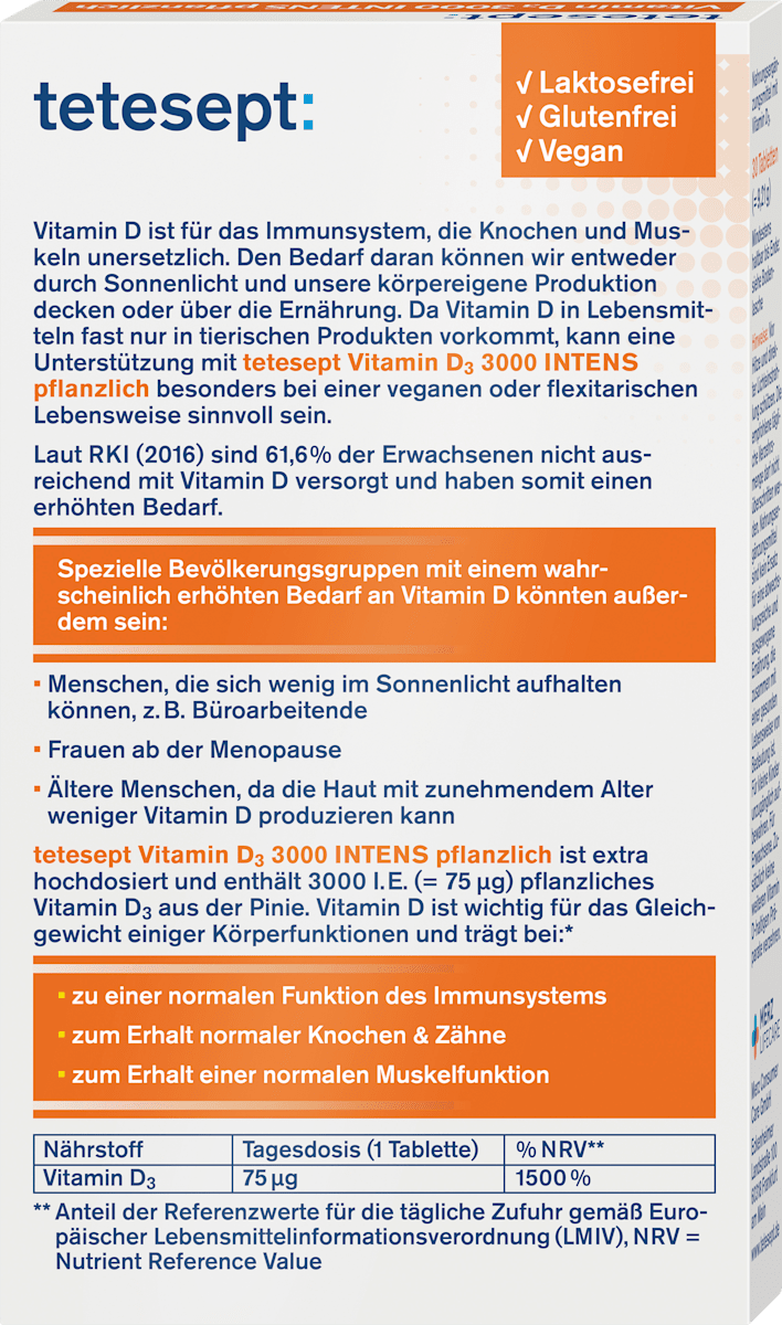 tetesept Vitamin D3 3000 Pflanzlich Tabletten 30 St, 9,21 g
