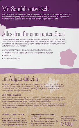 Anfangsmilch Pre aus Ziegenmilch von Geburt an, 400 g