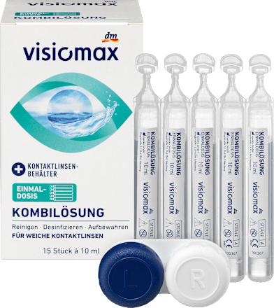 Kombilösung Einmaldosis für weiche Kontaktlinsen, mit Kontaktlinsenbehälter, 15 x 10 ml, 150 ml VISIOMAX